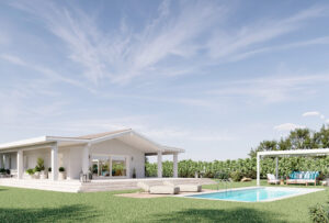 render esterno di una viilla con piscina